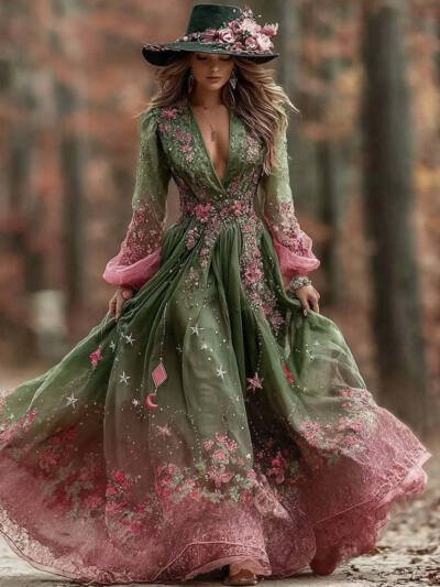 Womens V-Neck Creatively Printed Mid-Length Fairy-Like Dress