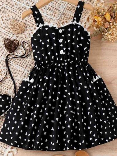 Polyester Children's Heart Printing Stitching Lace Hanging A- Line Skirt