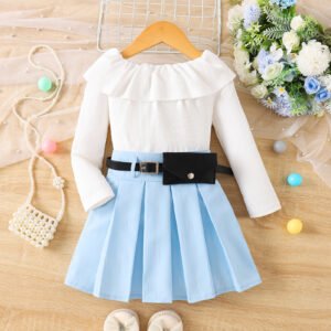V-neck Ribbed Long-sleeve Pleated Skirt With Belt Three-piece Set