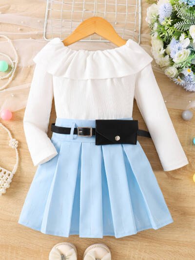 V-neck Ribbed Long-sleeve Pleated Skirt With Belt Three-piece Set