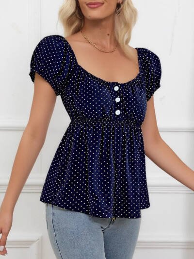 Polka Dot Square Neck Puff Sleeve Short Sleeve Waist Cinching Cropped Top