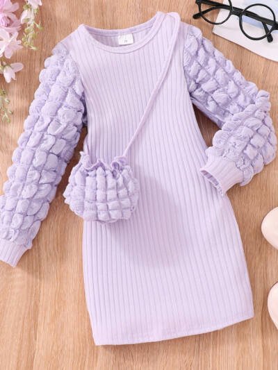 Girl Long-sleeved Bubble Sleeve Sunken Stripe Solid Color Dress