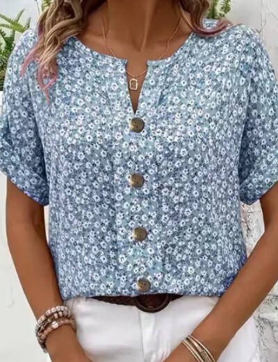 Womens Casual Plant-Print Jacquard Collar Short-Sleeve T-Shirt
