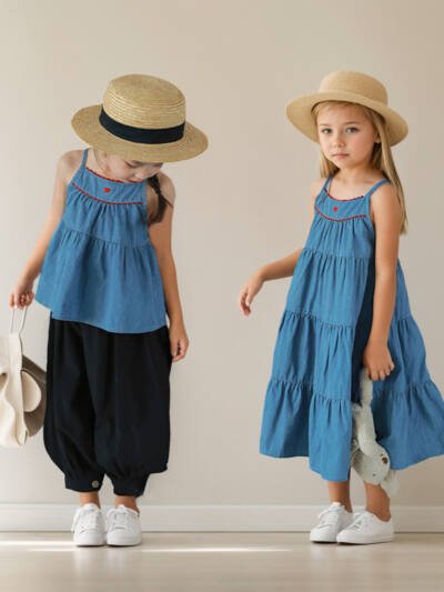 Summer Girl Denim Dress College Style Camisole Lotus Leaf Style