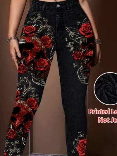 Womens Faux Denim Skinny Leggings With All-Season Prints For Women