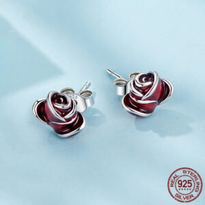 Red Rose Stud Earrings S925 Sterling Silver Plant Eardrops Earrings