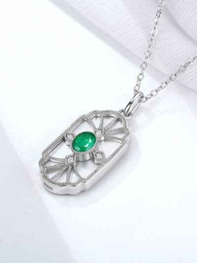 Natural Emerald Necklace Female Original Retro Design Jewelry S925 Silver Inlaid Mother Shell Pendant Square Shaped Pendant