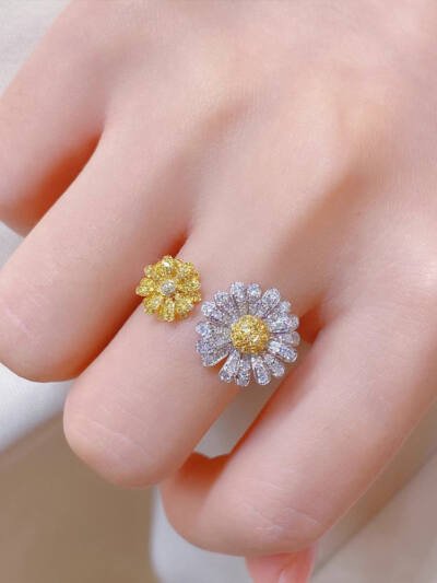 S925 Sterling Silver Ins Double Open Yellow Diamond Ring
