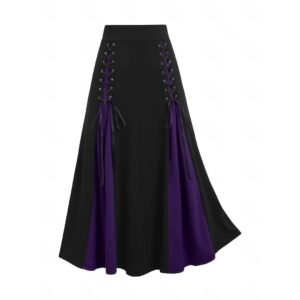 Womens Color-Block High-Waisted Skirt With Buttonholes And Lace-Up Details