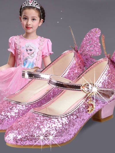 Butterfly Princess Shoes Children High Heel Leather Shoes
