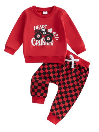 Long Sleeve Letter Heart Printing Sweater Chessboard Plaid Trousers Suit
