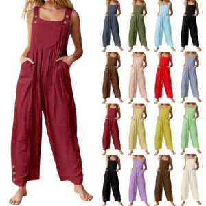 Womens Casual Loose-fitting Sleeveless Buttoned Jumpsuit