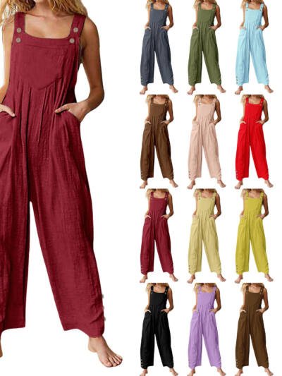 Womens Casual Loose-fitting Sleeveless Buttoned Jumpsuit