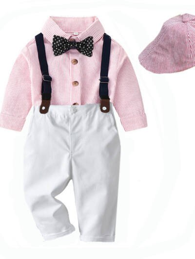 Boys' Spring And Autumn New Striped Shirt Hat Pants Match Suit