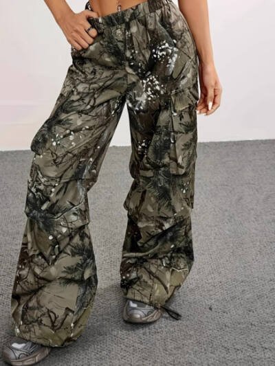 Womens Casual Camouflage Geometric-pattern Work Pants