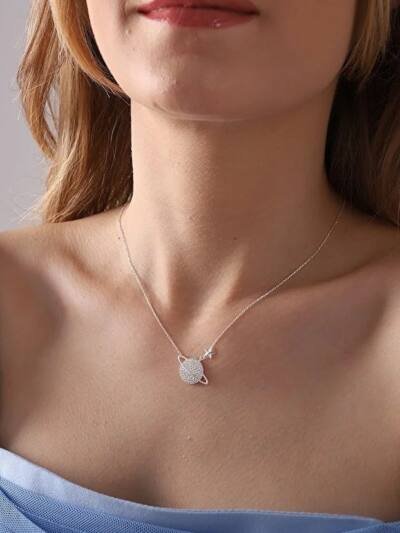 925 Sterling Silver Saturn Planet Necklace With White Zircon Stone