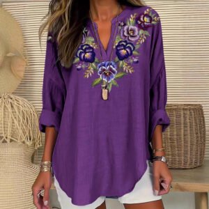 Womens Fashion Floral Print V-Neck Long-Sleeve T-Shirt