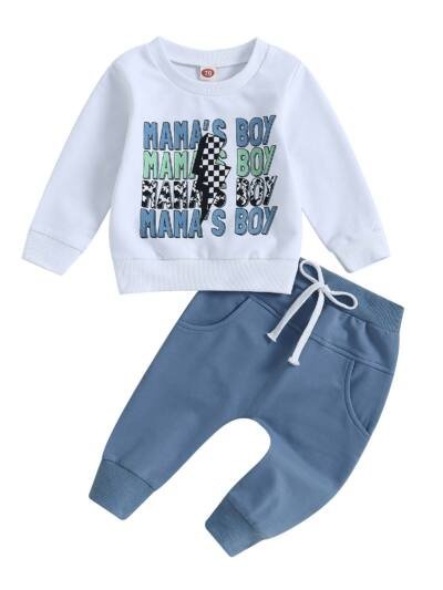 Casual Boy Letter Floral Print Long Sleeve Pullover Trousers Suit