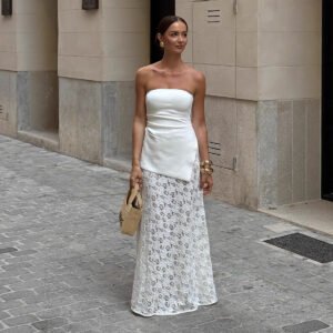 White Jacquard Sheer Low-Waist Lace Skirt