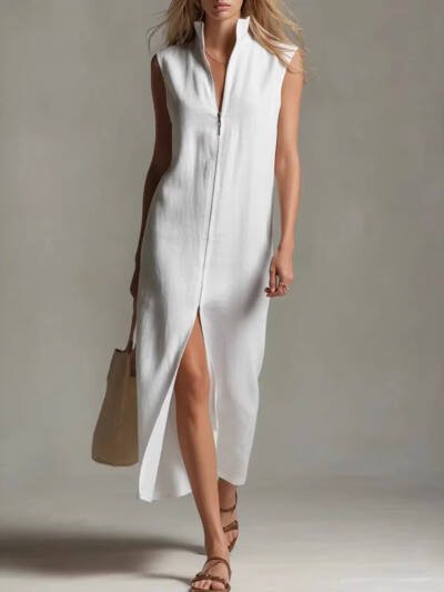 Sleeveless Zippered Stand Collar Fashionable Slit Casual Dress