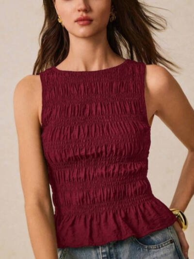 Womens Solid-Color Pleated Crew-Neck Casual Tank Top