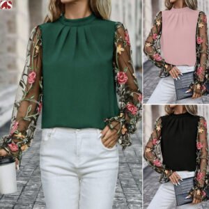 Womens Half-Neck Blouse With Patchwork 3D Embroidered Mesh Fabric