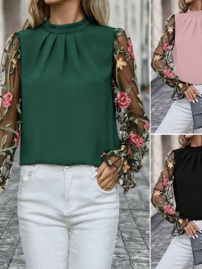 Womens Half-Neck Blouse With Patchwork 3D Embroidered Mesh Fabric