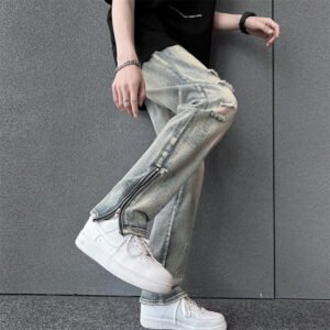 Mens SpringSummer Loose-Fit Denim Jeans With A Side Zipper