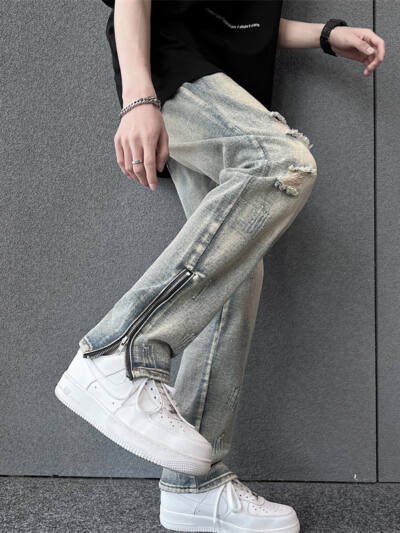 Mens SpringSummer Loose-Fit Denim Jeans With A Side Zipper