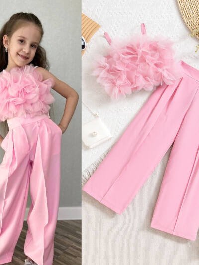 Mesh Three-dimensional Flower Sling Top Slim Fit Suit Pants Suit
