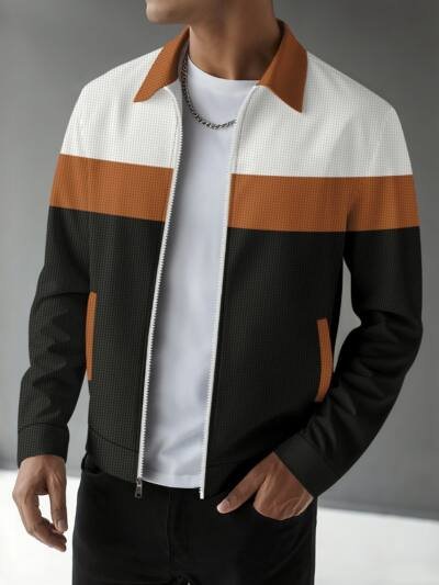 Waffle-knit Colorblock Cardigan With Zippered Pockets And A Notched Collar