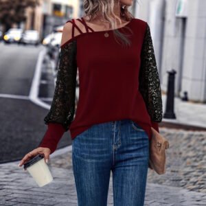 Womens Loose Red Lace-Panel Long-Sleeve T-Shirt