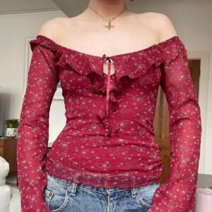 French Jacquard Square-neck Floral Ruffled Long-sleeve Top