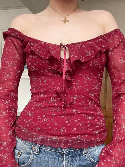 French Jacquard Square-neck Floral Ruffled Long-sleeve Top