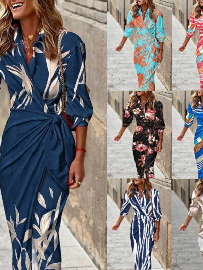 Printed Shirt Collar Lacing Mid-length Striped Dress