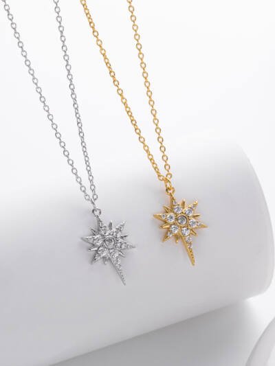 S925 Sterling Silver Inlaid Stone Eight-pointed Stars Pendant Necklace