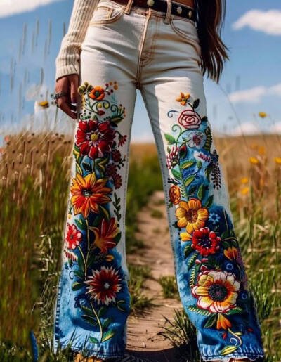 Vintage Artistic Floral Contrast Printed Jeans