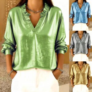 Womens Solid-Color Loose-Fit Long-Sleeve Shirt With A Stand Collar