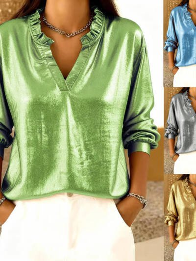 Womens Solid-Color Loose-Fit Long-Sleeve Shirt With A Stand Collar