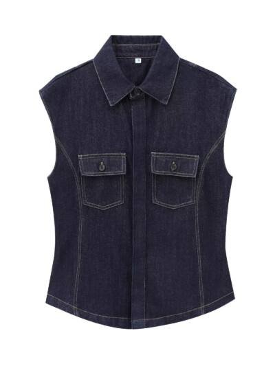 European And American Style Fashion String Decoration Lapel Sleeveless Denim Shirt