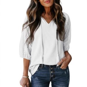 Womens V-neck Hooded Three-Quarter Sleeve Tassel Shirt