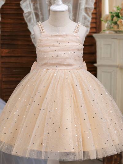 Summer Girls' Dress Cute Bow Star Mesh Pearl Suspender Dress