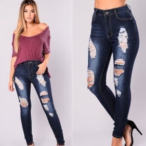 Stretchy Washed Distressed Ripped Denim Jeans