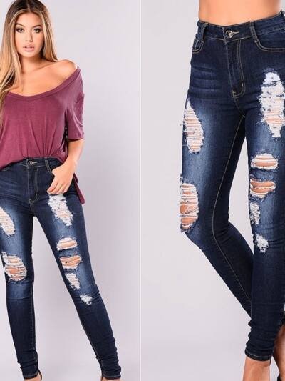 Stretchy Washed Distressed Ripped Denim Jeans