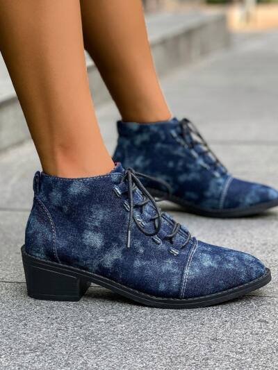 Outer Wear Pointed Toe Square Heel Denim Design Martin Boots