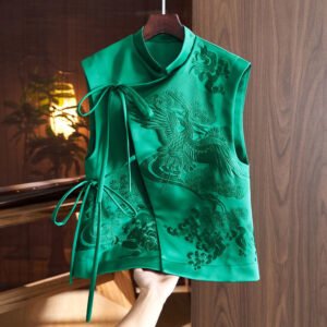 Chinese Style Vest Coat Retro Heavy Industry White Stork Embroidery Tie-neck
