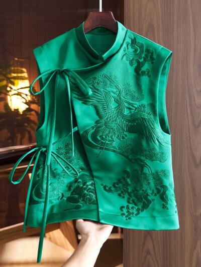 Chinese Style Vest Coat Retro Heavy Industry White Stork Embroidery Tie-neck