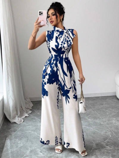 Elegant Womens Sleeveless Wide-Leg Jumpsuit With Floral Print And Lace-Up Details