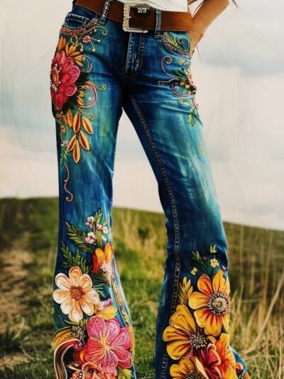 Vintage Artistic Floral Print Western Jeans