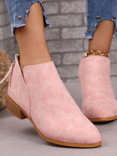 Chunky Heel Pointed Toe Ankle Boots With V-cut Design Fashion Fall Winter Short Boots For Women Shoes